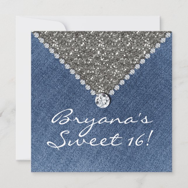 Convite Denim Diamonds Prata Brilho Sweet 16 (Frente)