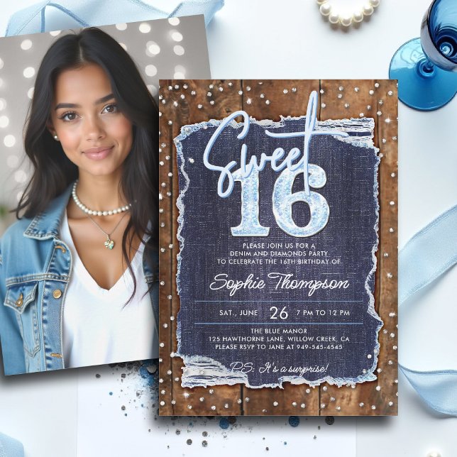 Convite Denim Diamonds Rustic Wood Elegant Photo Sweet 16 (sweet 16 sixteen invitation denim diamonds blue white rustic wood bling elegant classy photo)