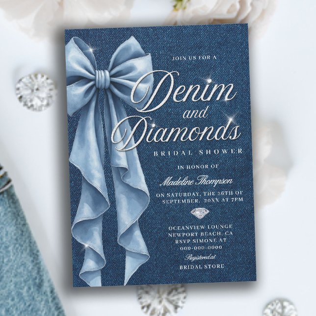 Convite Denim Diamonds White Blue Bow Glam Bridal Shower (denim and diamonds bridal shower invitation blue white bow bling sparkles classy)