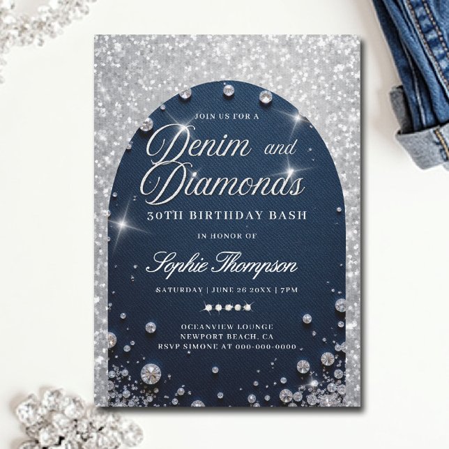 Convite Denim Diamouros Arch Bling Partido aniversário de  (denim and diamonds birthday party invitations 30th 50th sweet 16 elegant classy blue white bling)