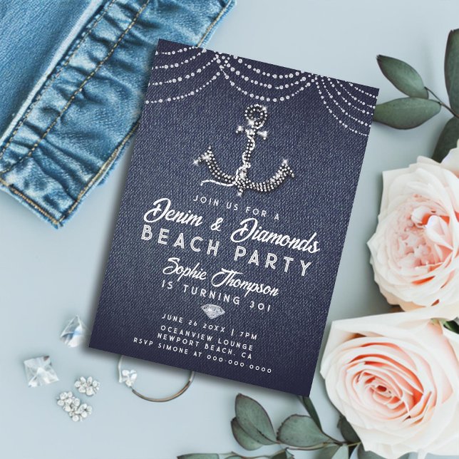 Convite Denim Diamouros Bling Anchor Festa de aniversário  (denim and diamonds 30th birthday party invitation for women elegant bling boat anchor beach classy)