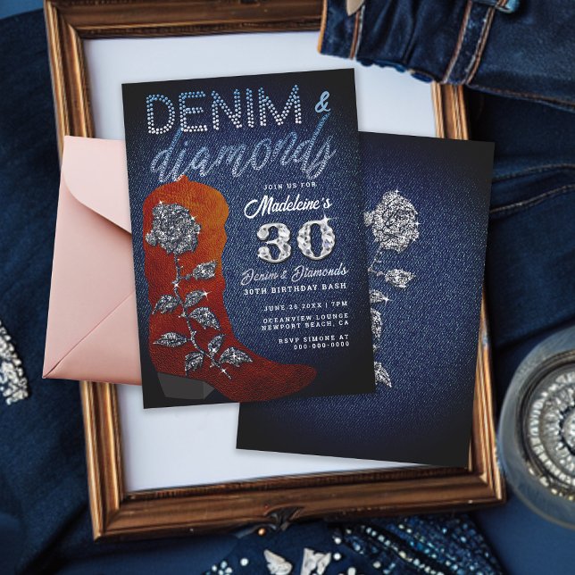 Convite Denim Diamouros Cowgirl Bling Rosa Festa de aniver (Denim and diamonds 30th birthday party for women suede cowgirl boot bling rose terracotta copper)