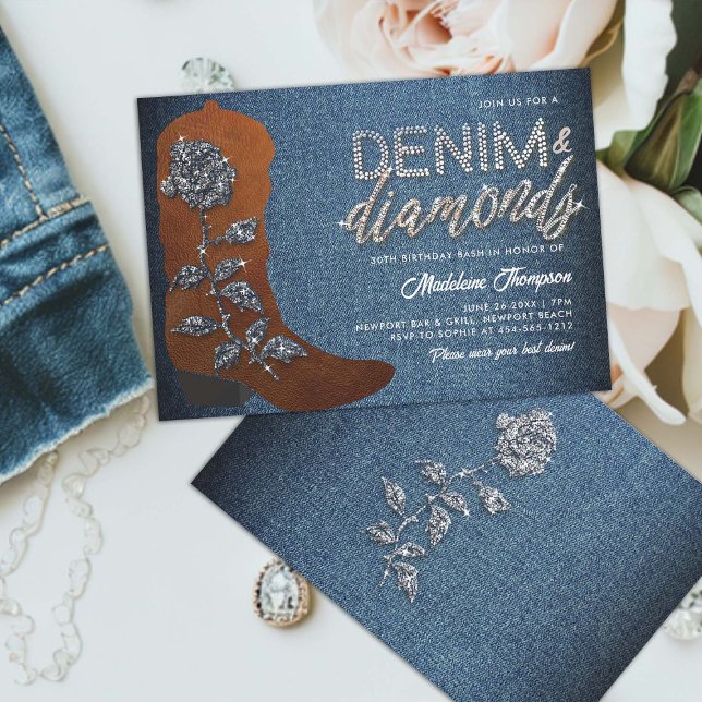 Convite Denim Diamouros Cowgirl Boot Western aniversário d (denim and diamonds theme 30th birthday invitation women country cowgirl boot western blue jeans chic)