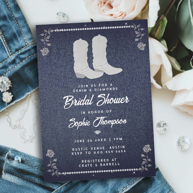 Convite Denim Diamouros Cowgirl Boots Chá de panela Ociden (denim diamonds bridal shower invitation classy rhinestone cowgirl boots roses western country chic)