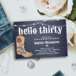 Convite Denim Diamouros Cowgirl Boots Rosa<br><div class="desc">Um convite de aniversário rústico, moderno, elegante e chic com um tema de denim e diamantes. Ele apresenta um fundo denim, um par de botas de vaquinha com um detalhe de rosa coberto por rochas (este é um efeito digital), e tipografia country oeste em branco. Um design de "denim e...</div>