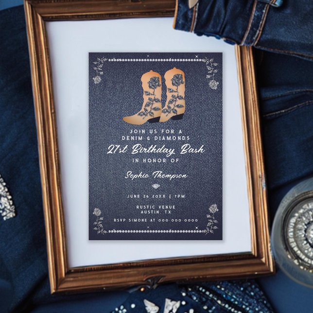 Convite Denim Diamouros Cowgirl Boots Rosa (denim diamonds 21st birthday invite for girls rustic cowgirl boots roses rhinestones classy elegant)