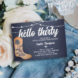 Convite Denim Diamouros Cowgirl Boots Script aniversário d<br><div class="desc">Um convite de aniversário rústico, moderno, elegante e chic com um tema de denim e diamantes. Apresenta um fundo denim, um par de botas de vaqueira com um detalhe rosa coberto por rochas (este é um efeito digital), e tipografia do oeste do país em branco, com caligrafia para o título...</div>