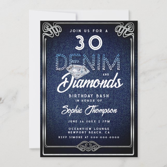 Convite Denim Diamouros Nouveau Frame aniversário de 30 an (Frente)