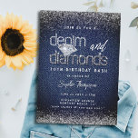 Convite Denim Diamouros Tipografia Festa de aniversário de<br><div class="desc">Um convite de aniversário moderno,  elegante e chic com um tema de denim e diamantes. Apresenta um fundo denim,  letras personalizadas para a palavra "denim" e tipografia em branco. Um design de "denim e diamantes" chico para uma mulher no seu trigésimo aniversário!</div>