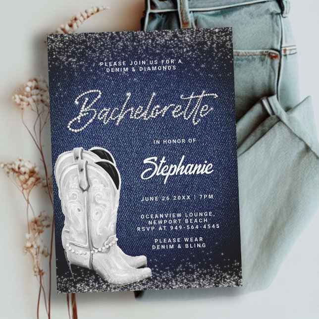 Convite Denim Diamuros Cowgirl Boots Bling Bachelorette (denim and diamonds bachelorette party invitation country ladies night out cowgirl boots classy chic)
