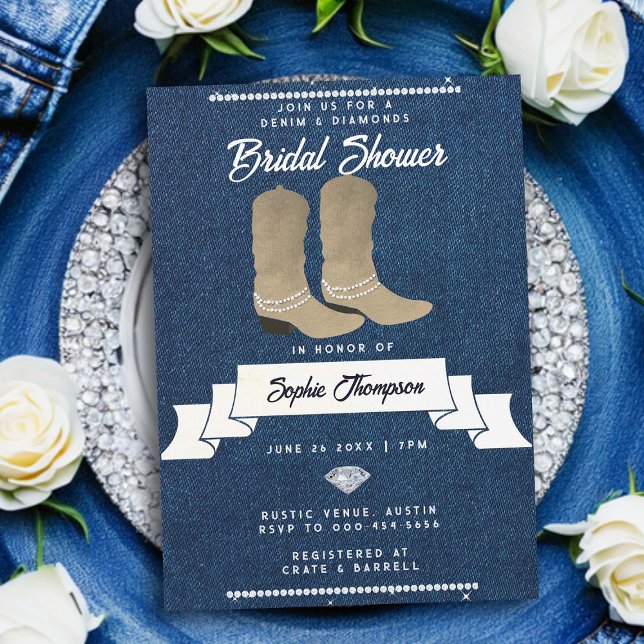 Convite Denim Diamuros Cowgirl Boots Chá de panela Russo (denim and diamonds bridal shower invitation rustic country western cowgirl boots classy bling chic)