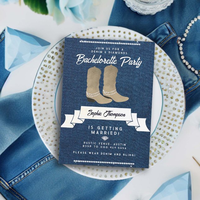 Convite Denim Diamuros Cowgirl Boots Rustic Bachelorette (denim diamonds bachelorette party invitation white cowgirl boots country western rustic classy bling)