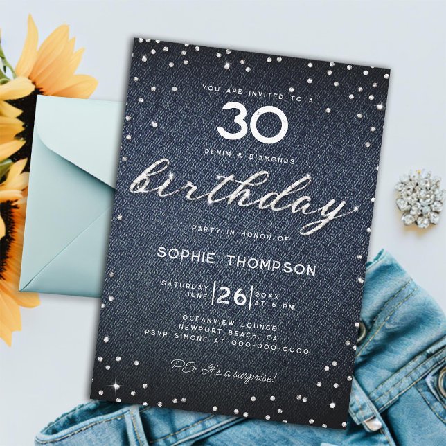 Convite Denim Diamuros Elegante aniversário de 30 anos (denim diamonds 30th birthday party women elegant rustic boho rhinestones glitter chic modern classy)