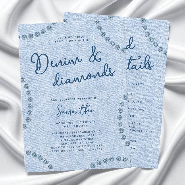 Convite Denim e Diamantes Festa de solteira Azul Ocidental (Denim and Diamonds Blue Western Bachelorette Party Invitation)