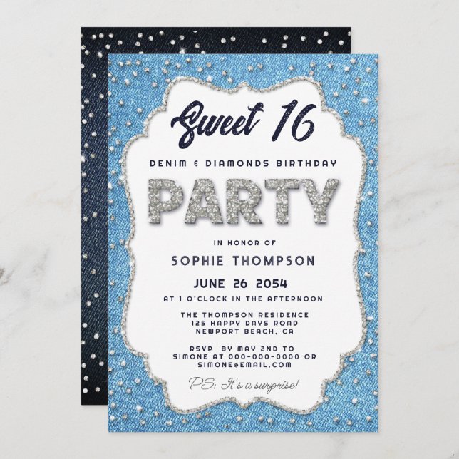 Convite Denim e Diamantes Glitter Frame Sweet 16 Party (Frente/Verso)