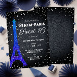 Convite Denim em Paris, Brilhante Minimalista Rustic Sweet<br><div class="desc">Um convite de festas elegante, na moda e minimalista Sweet 16 com um tema Paris, combinado com um tema denim e diamantes! Apresenta uma torre Eiffel coberta com brilho azul, borrifadas de diamantes e rochas (são efeitos digitais, não serão usados rotinas ou rotinas), tipografia rústica combinada com caligrafia e fundo...</div>