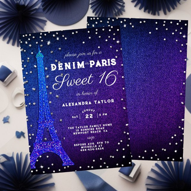 Convite Denim em Paris Glitter Elegante Purple Sweet 16 (Criador carregado)