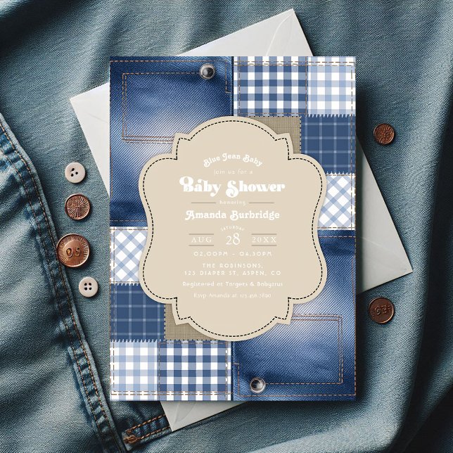 Convite Denim Patchwork Rustic Chic Blue Jean Chá de frald (Denim Patchwork Rustic Chic Blue Jean Baby Shower Invitation)