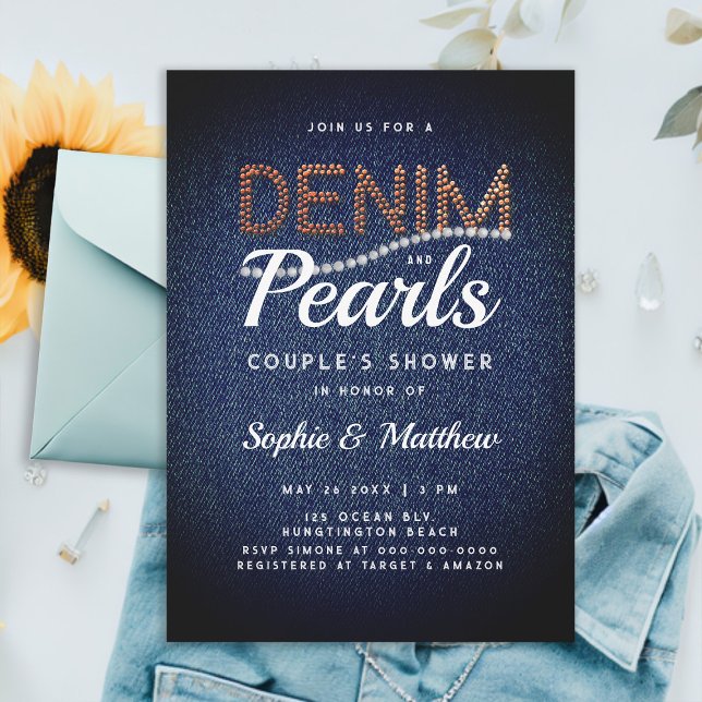 Convite Denim Pearls Casal Chá de casamento Elegante Russo (denim and pearls couple wedding shower invitation elegant rustic chic blue brown jeans white classy)