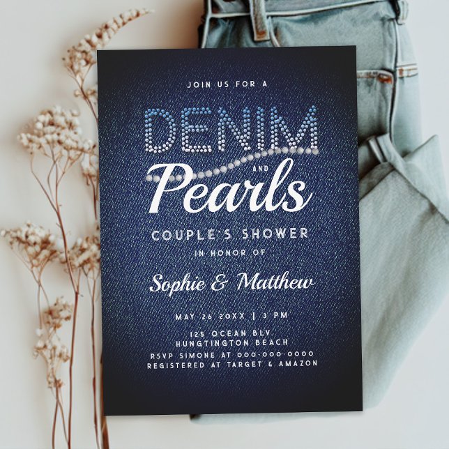 Convite Denim Pearls Casal Chá de casamento Russo Moderno (denim and pearls elegant rustic modern country couple wedding shower invitation joint blue white)