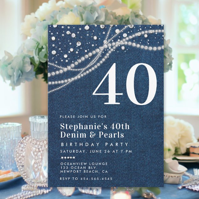 Convite Denim Pearls Elegant Classy aniversário de 40 anos (denim pearls 40th birthday party invitation for women elegant classy modern chic rustic lights)
