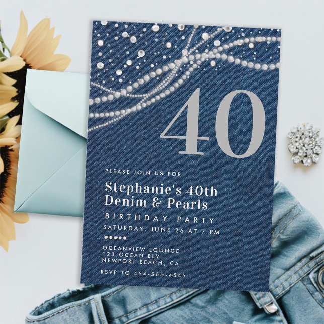 Convite Denim Pearls Elegante aniversário de 40 anos (denim pearls 40th birthday invitation for women rustic classy elegant modern chic stylish blue white)