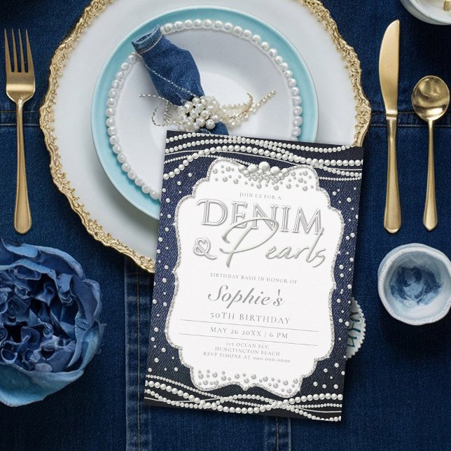 Convite Denim Pearls Elegante Modern Classy 50º Aniversári (denim and pearls birthday party invitation 50th for her elegant classy modern)