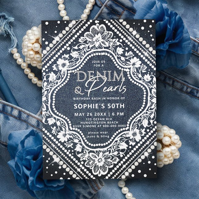 Convite Denim Pearls Lace Elegante Moderno 50º Aniversário (denim lace pearls birthday invitation 50th party elegant diamond shape frame classy modern chic)