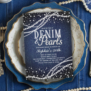 Convite Denim Pérolas Azul Moderno Elegante 50º Aniversári