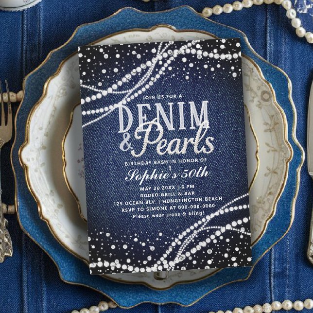 Convite Denim Pérolas Azul Moderno Elegante 50º Aniversári (denim and pearls birthday party theme 50th for women white and blue elegant modern classy)