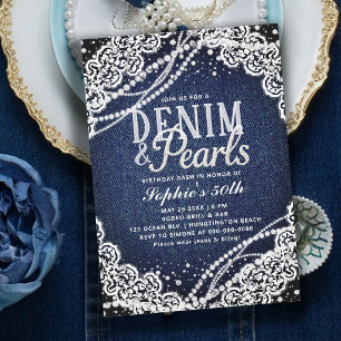 Convite Denim Pérolas Renda Moderno Elegante 50º Aniversár