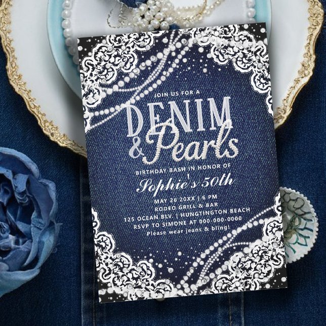 Convite Denim Pérolas Renda Moderno Elegante 50º Aniversár (denim and pearls birthday party theme 50th for women white lace elegant modern classy)