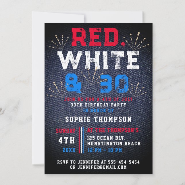 Convite Denim Red White de 4 de julho aniversário de 30 an (Frente)