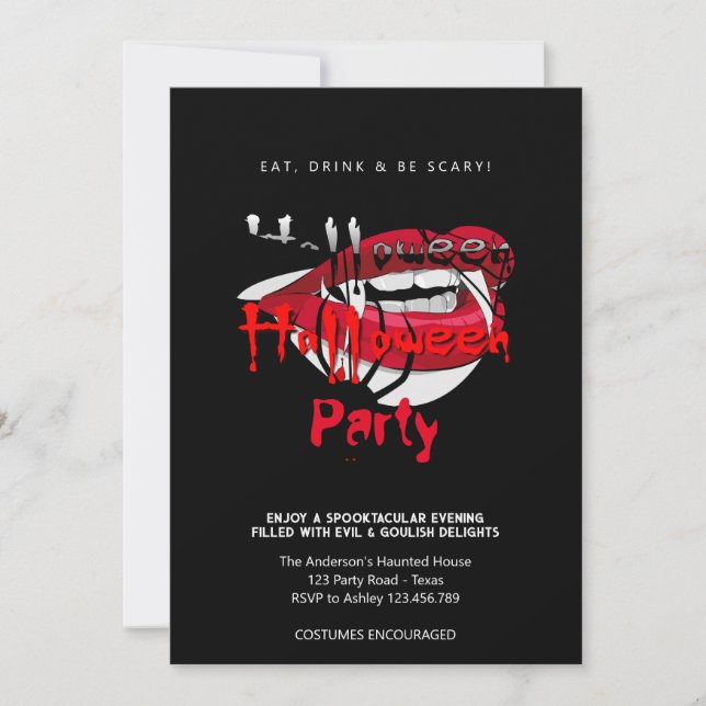 Convite Dentes de Vampiro para Festa de Halloween Gótico   (Frente)