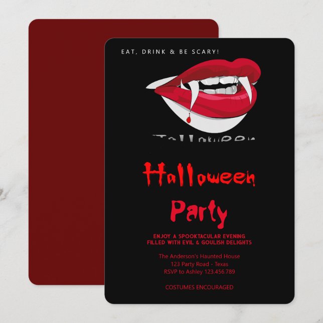 Convite Dentes Góticos do Vampiro do Festa de Halloween (Frente/Verso)