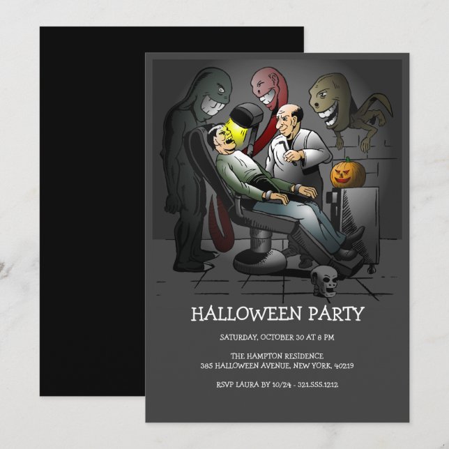 Convite Dentista Assustador da Noite de Halloween (Frente/Verso)
