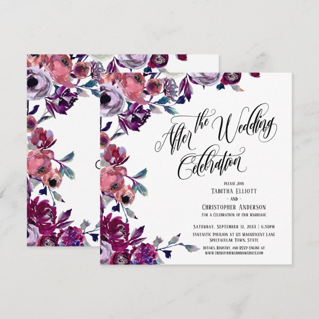 Convite Depois da Celebração do Casamento Flores Pintadas  (Frente/Verso)