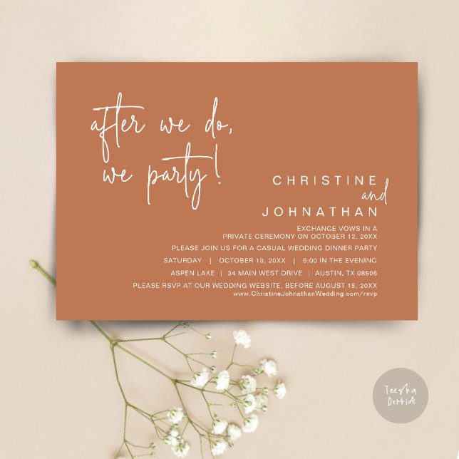 Convite Depois De Fazermos, Festejamos, Janto De Casamento (After We Do, We Party, Modern Romantic Wedding Dinner Invitation Card, PDF, in Copper Rust)
