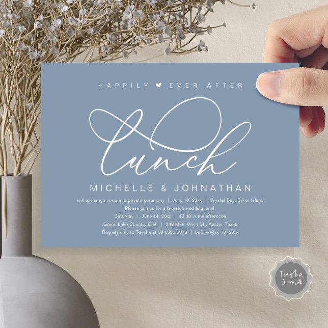 Convite Depois do Almoço Felizes para Sempre, Festa Românt (Happily Ever After Lunch Invitation Card, PDF, Wedding Elopement, Romantic Heart Script, Dusty Blue)