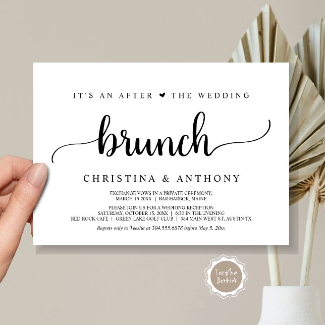 Convite Depois Do Brunch De Casamento, Elopemento Russo (After The Wedding Brunch, Elopement Invitation Card, Rustic Script in Black and White.)