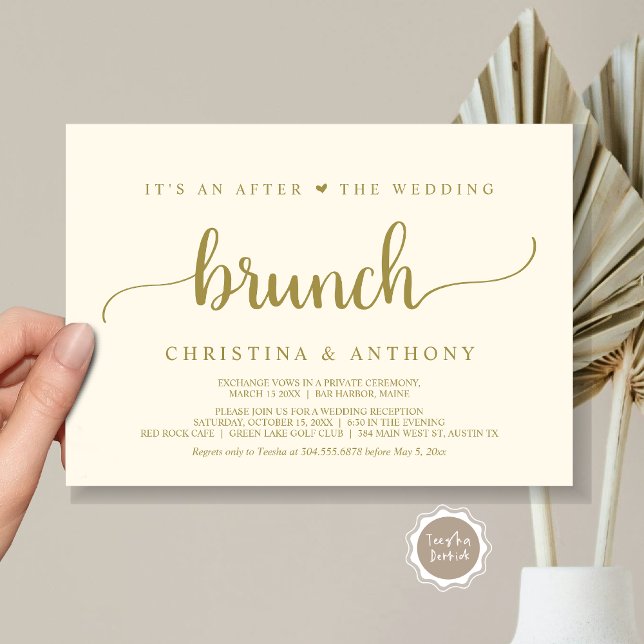 Convite Depois Do Brunch De Casamento, Elopemento Russo (After The Wedding Brunch, Elopement Invitation Card, Rustic Script in gold.)