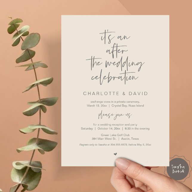 Convite Depois do casamento, Marinho Azul, Festa Elopement (Its an after the wedding celebration, Elopement Dinner Party Invitation Card, PDF, in cream grey)