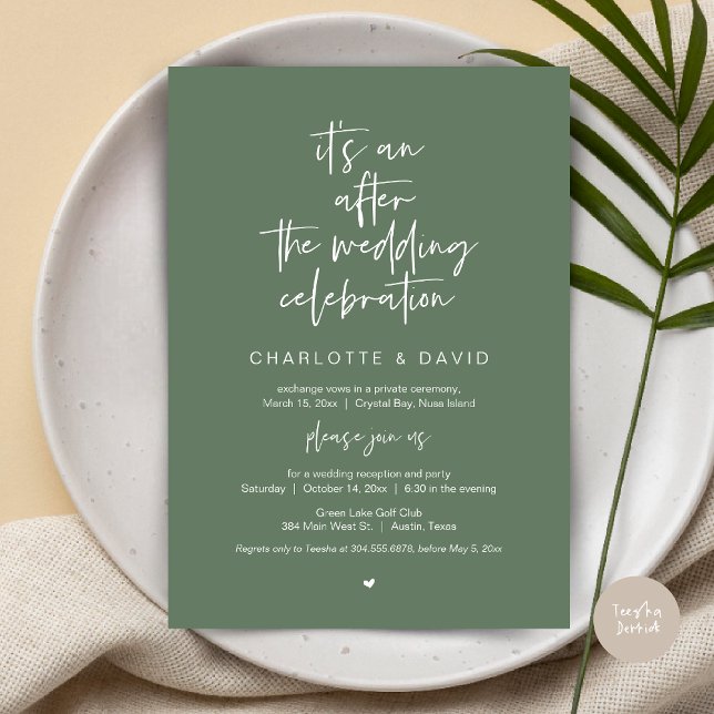 Convite Depois do casamento, Marinho Azul, Festa Elopement (Its an after the wedding celebration, Elopement Dinner Party Invitation Card, PDF, in sage green)