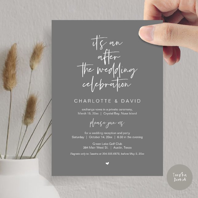 Convite Depois do casamento, Marinho Azul, Festa Elopement (Its an after the wedding celebration, Elopement Dinner Party Invitation Card, PDF, in dark grey)