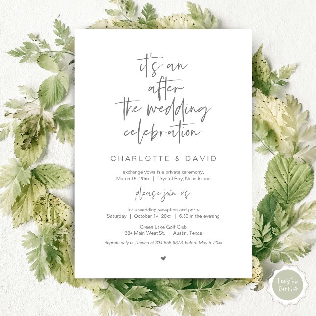 Convite Depois do casamento, Marinho Azul, Festa Elopement (Its an after the wedding celebration, Elopement Dinner Party Invitation Card, PDF, in dark grey)