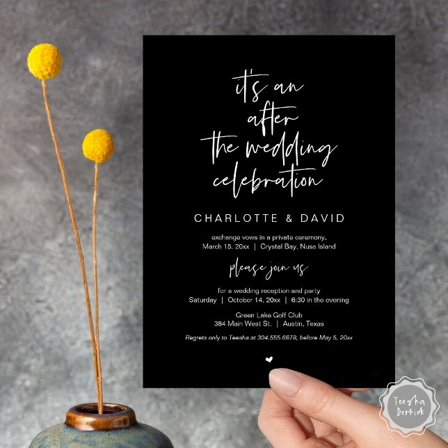 Convite Depois do casamento, Marinho Azul, Festa Elopement (Its an after the wedding celebration, Elopement Dinner Party Invitation Card, PDF, in classy black)