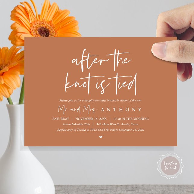Convite Depois do nó amarrado, feliz para sempre depois do (After The Knot Is Tied, Post Wedding Brunch Invitation Card, PDF, Modern Script, Copper Rust Brown)