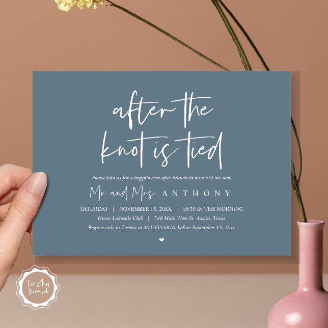 Convite Depois do nó amarrado, feliz para sempre depois do (After The Knot Is Tied, Post Wedding Brunch Invitation Card, PDF, Modern Script, Dark Dusty Blue)