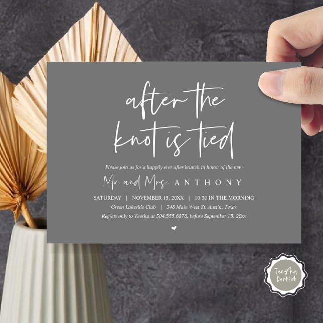 Convite Depois do nó amarrado, feliz para sempre depois do (After The Knot Is Tied, Post Wedding Brunch Invitation Card, PDF, Modern Script, Dark Grey)