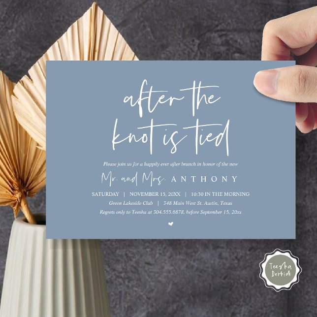 Convite Depois do nó amarrado, feliz para sempre depois do (After The Knot Is Tied, Post Wedding Brunch Invitation Card, PDF, Modern Script, Dusty Blue)